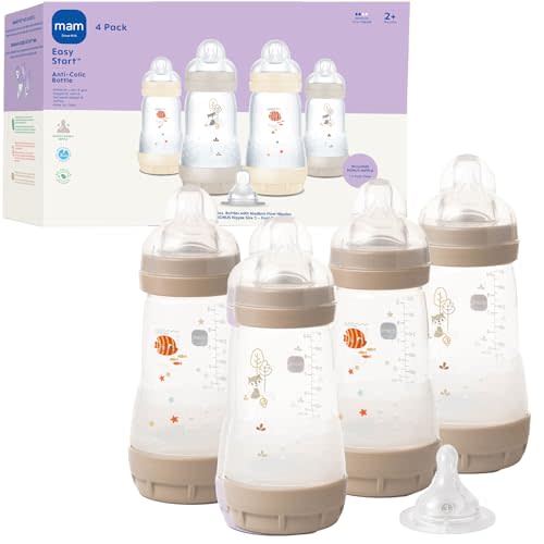MAM 9oz Easy Start Anti-Colic Baby Bottles, Medium Flow with Bonus Fast Flow Nipple, Breastfeeding-Like Silicone, Reduces Colic and Gas, Easy-to-Clean, BPA-Free, 2 Plus Months