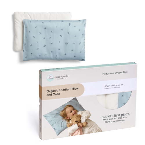 ergoPouch Toddler Pillow with Pillowcase, 100% GOTS Certified Organic Cotton, 0.3 TOG, Dragonflies