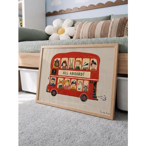 Animal Bus ride - Rustic style kids room print - London Bus - Vehicle bedroom