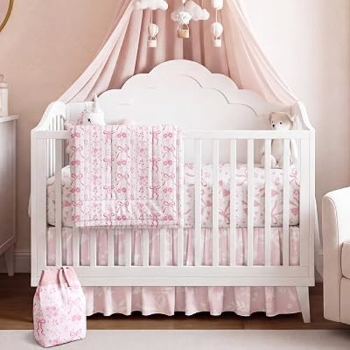 Hahafelt 4 Pieces Crib Bedding Set for Girls and Boys, Soft Baby Bedding Set Including Crib Skirt, Comforter, Sheet and Diaper Stacker for Nursery(Pink Bow)