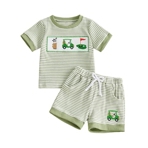 Toddler Boy Baseball/Golf/Football Outfit Summer Clothes | Short Sleeve Striped Print T Shirt Tops and Shorts Set, Daily or Game Day Wear, Soft and Comfort Fabric