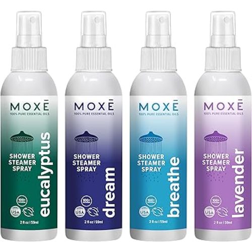 MOXE Aromatherapy Shower Mist Variety Pack, Eucalyptus, Lavender, Breathe and Dream, Spa Steam Spray, Natural 100% Essential Oils, Made in USA, Aromatherapy, Sinus Congestion Relief, 4 Pack (8oz)