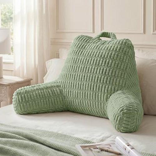 Blissful Diary Reading Pillow, Backrest Pillow with Shredded Memory Foam for Adult & Children, Designed for Bed and Couch Sitting Up, Includes Arms, Pockets and Washable Cover, Sage Green