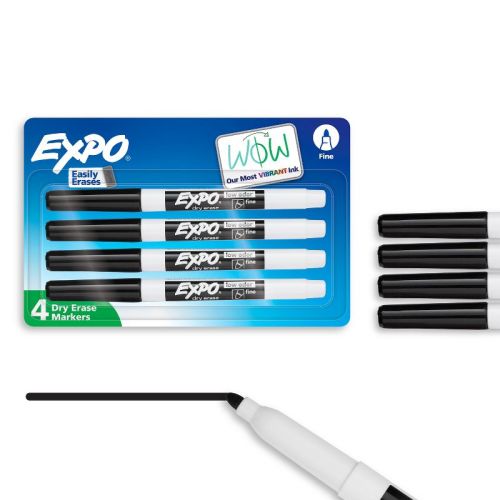 Expo 4pk Dry Erase Markers Fine Tip Black: Thin Whiteboard Markers, Low-Odor, Erasable, Stationery & Office Supplies