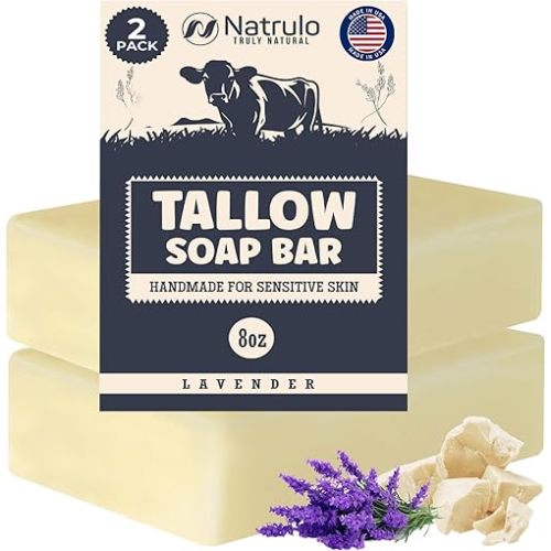 Beef Tallow Soap Bar – All Natural Grass Fed Tallow Soap Lavender – Moisturizing Face & Body Wash Great for Eczema, Dry, Itchy, Sensitive Skin – Handcrafted Bath Soap for Adults, Kids, Made in USA