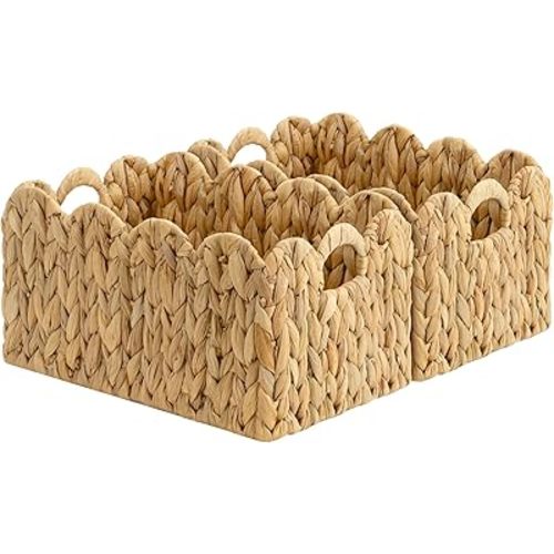 StorageWorks Scalloped Water Hyacinth Baskets, Hand-woven Rattan Baskets with Built-in Handles, Cute Baby Basket for Nursery, Basket for Organizing and Decor, 13"L x 8¼"W x 7"H