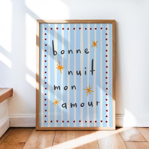 Bonne Nuit Mon Amour Print, Goodnight Nursery Wall Art, Boho Kids Room Decor, French Art Playroom Print, Cute Colorful Bedroom Print