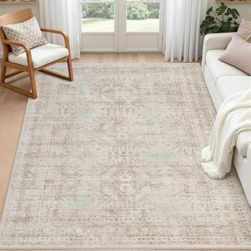 6x9 Area Rugs for Living Room: Vintage Boho Neutral Washable Rug Indoor Soft Large Area Rug Carpet for Bedroom Nursery Farmhouse Dining Room Office Floor Non-Slip Low Pile Under Table Rug Brown