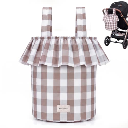 Abbylike Ruffle Stroller Bag with Removable Handles, Cotton Stroller Organizer with Waterproof Lined for Moms Baby Travel(Ruffles Style,15.5 x 9.5 Inch,Brown White)