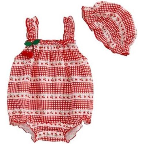 Emmababy Baby Girl Cherry Outfit Newborn Sleeveless Romper Hat 2Pcs Set Ruffle Strap Tank Top Plaid Bodysuit Summer Clothes
