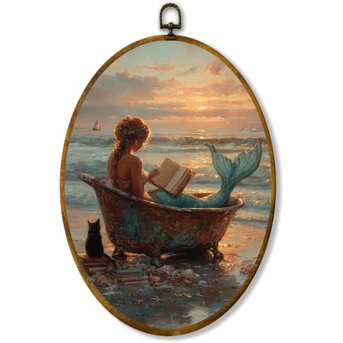 zewepri Mermaid Bathtub Oval Wall Art, Nautical Book Lover Decor, 8.5x11.5 | Coastal reading scene adds vintage ocean charm to bathroom, bedroom, living room, farmhouse, or beach house decor