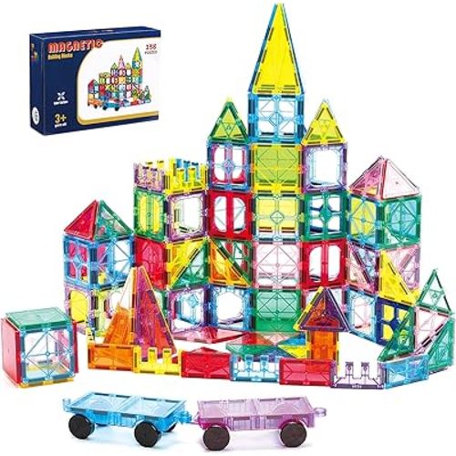 Ryoichi 138PCS Magnetic Building Tiles Set with 2 Cars, STEM Educational Construction Blocks & Montessori Learning Toys for Kids Ages 3-9+ Years