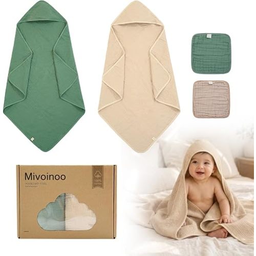 Hooded Baby Towels, 4 Pack, 32 x 32 in, 100% Cotton Muslin