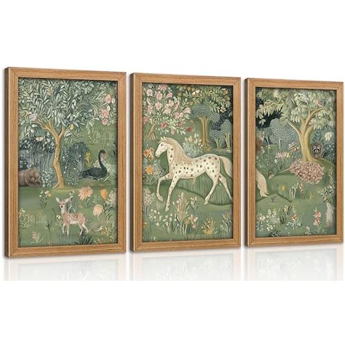 Framed Vintage Woodland Animal Nursery Wall Art Magic Horse Bear Deer Poster Green Fantasy Forest Botanical Pictures Decor Fairy Tale Nature Painting Canvas Print Artwork for Kids Room Living Room