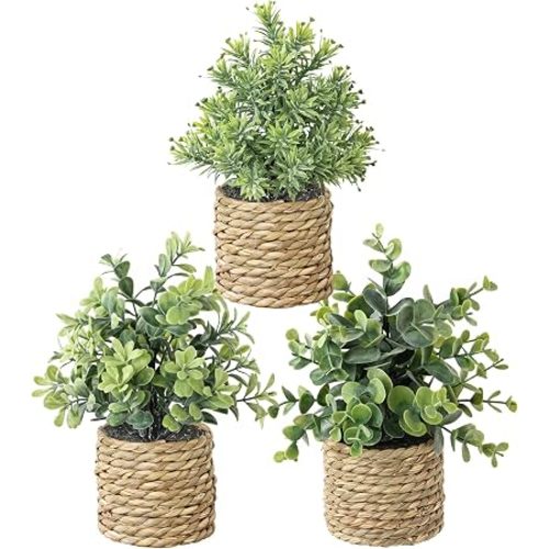 Small Fake Plants, 3 Pack Artificial Potted Plants with Seagrass Pots