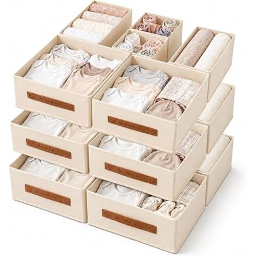Drawer Organizer, Dresser Organizer for Clothes, Foldable Underwear Storage Bins with Leather Handles, Washable Fabric Closet Dividers for Baby Clothes and Socks, Sturdy Reinforced PP Board, 18 Pack