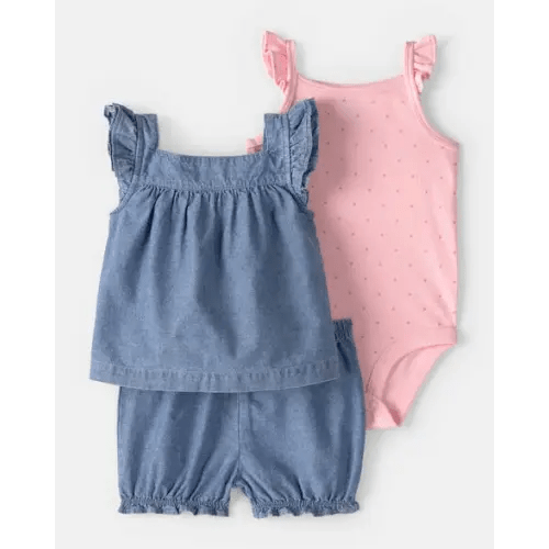 Baby Girl 3-Piece Chambray Outfit Set - Blue/Pink | Carter's