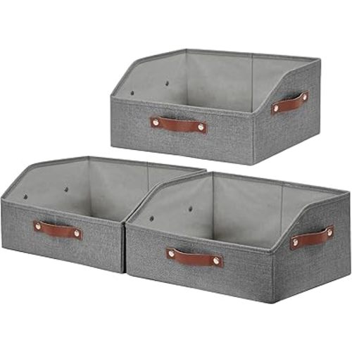 Closet Organizers and Storage, Linen Trapezoid Storage Bins with Handles, Collapsible Shelf Organizer for Blanket, Towel, Clothes, Hats, Purse (Gray)