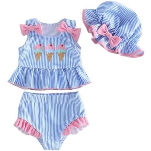 Infant Baby Girl Swimsuit Toddler Bathing Suit Sleeveless Bikini Top Ruffle Shorts with Hat Beach Swimwear