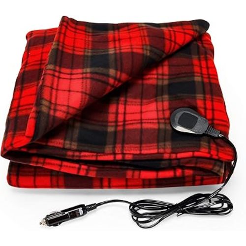 Camco Polar Fleece Heated Blanket - Power Cord Plugs into 12V Vehicle Power Outlet | Great for Cold Weather, Traveling, or Emergencies - Plaid Red (42897), 59" x 43"