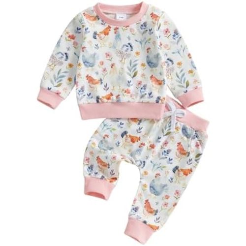 2Pcs Newborn Baby Girl Outfits Chicken Farm Animal Long Sleeve T-Shirt Sweatshirt Tops Pants Set Toddler Fall Clothes