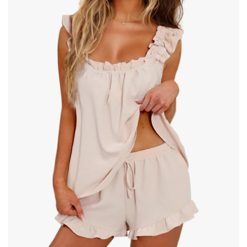 KFUBUO Womens Pajamas Set 2 Piece Ruffle Pj Soft Tank Top and Shorts Sleepwear Set Bridal Pajama for Women Set
