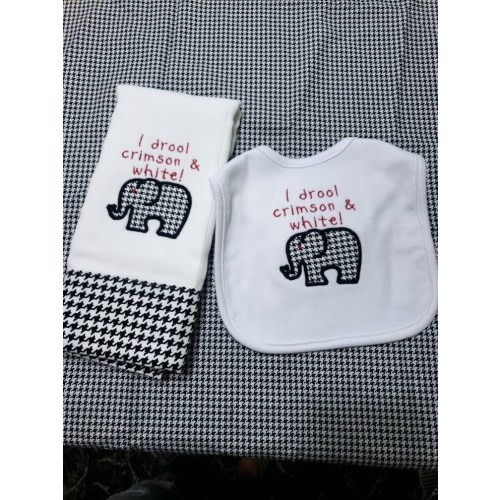 Crimson and white burp cloth and bib set
