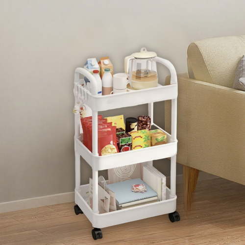 3-Tier Plastic Kitchen Storage Cart, 27 Inch Rolling Utility Cart with Armrests – Versatile Organizer for Bathroom Toiletries, Living Room Snacks, Books – Easy-Move Casters (Red, Pink, Yellow, White)