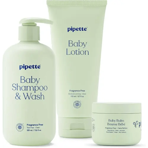 Pipette Fragrance Free Baby Essentials Set, Pack of 3, Includes Balm and Fragrance-free Lotion and Shampoo + Wash, Gentle Tear-Free Newborn Baby Bath Essentials, Non-Toxic, Hypoallergenic