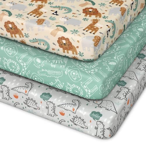 Unnivoll Pack and Play Sheets Fitted 3 Pack, Mini Crib Sheets for Pack N Play Mattress Stretchy Portable Playard Sheets, Soft Breathable Green & Apricot Lion