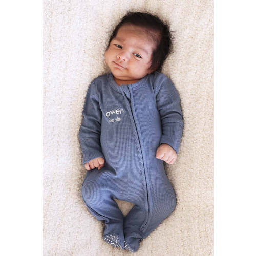 Embroidered Bamboo Waffle Zipper Footie in Lake | Caden Lane