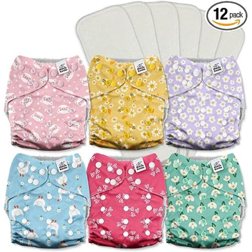 Mama Koala 3.0 Cloth Diapers for Babies with AWJ Lining, 6 Pack with 6 5-Layer Natural Cloth Diaper Inserts - Reusable and Washable Pocket Diapers(A-Flower Romance)