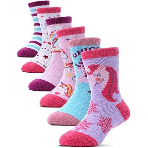 ProEtrade Merino Wool Socks for Kids Toddlers Boys Girls Thick Thermal Warm Winter Hiking Heavy Cozy Crew Socks 6 Pack