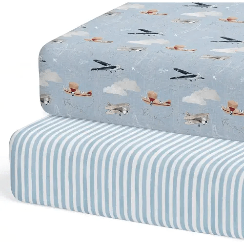 Crib Sheets Neutral - Fitted Baby Crib Sheets Bed for Girl Boy - 2 Pack Standard & Toddler Mattress - Buttery Soft Organic Cotton Blend (Watercolor Airplanes and Clouds)