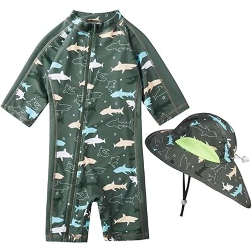 Toddler Baby Boys Swimsuit Rashguard One Piece Zipper Bathing Suit with Sun Hat Infant Swimwear Sunsuit UPF 50+