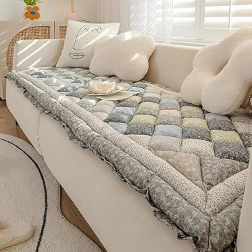 vctops Cotton Quilted Thick Dog Couch Cover for Sofa Boho Handmade Patchwork Sofa Cover Floral Print Floor Mat Area Rugs Non Slip Soft Sofa Slipcover (Grey,24"x70")