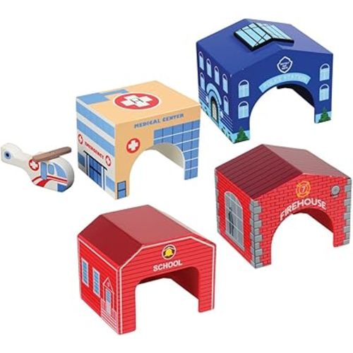 Constructive Playthings Community Wooden Toys and Helicopter Set for Ages 3+, 5-Piece Toddler Imaginative Play Set with Firehouse, School, Hospital, Police Station