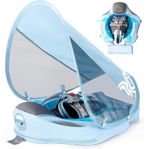 Baby Floats for Pool with Canopy Removable UPF 50+ UV Sun Protection Canopy,Mambobaby Infant Pool Float Non Inflatable Soft Skin-Friendly Leather Material Infant Swim Float 3-24 Months (Blue)