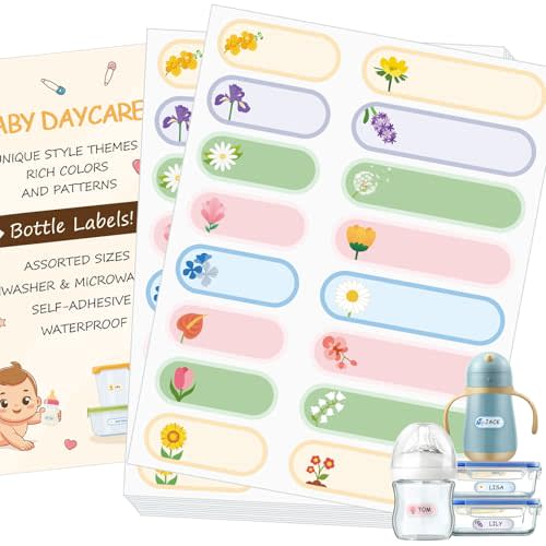 480 Baby Bottle Labels for Daycare, Waterproof Self-Laminating, Flowers | 2 Sizes, Waterproof Name Labels for Kids For Bottles, Cups, Lunch Boxes
