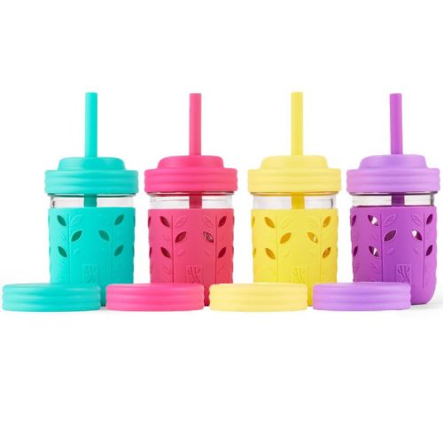 Elk and Friends Kids + Toddler Glass Cups | The Original 8oz Glass Mason Jar with Sleeves + Lids | Silicone Straws + Stopper | Smoothie Cup | Food Storage | Spill Resistant | Dishwasher Safe | 4 Pack