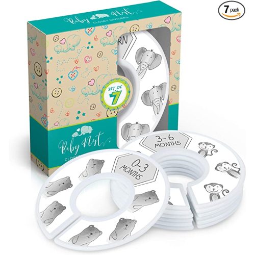 Baby Nest Designs Closet Dividers - 7x Baby Clothes Size Dividers, Newborn to 24 Months, Grey Animals Nursery Closet Organizer