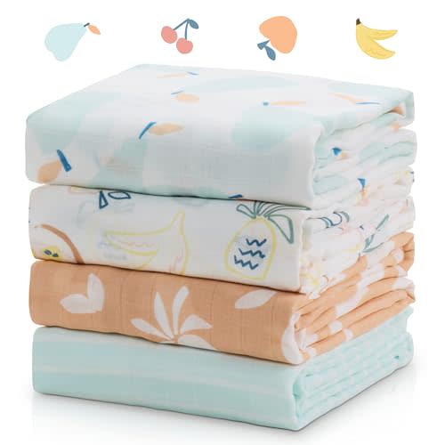 Momcozy Muslin Swaddle Blankets, 4-Pack Breathable and Skin-Friendly Receiving Blankets, Best Wishes Swaddle Blanket Shower Gifts & Baby Registry Essentials, Large 47"x47", Fruits Party