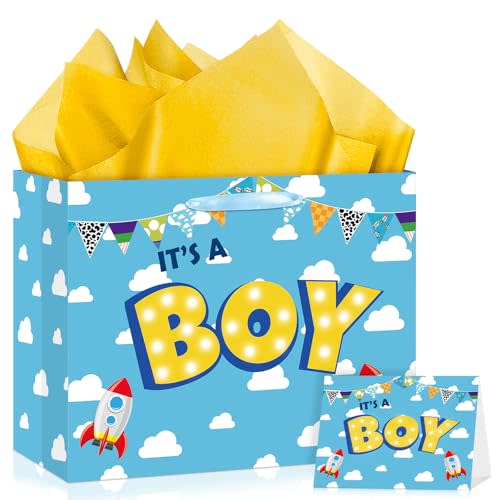 TagreSpike Cartoon Story Gift Bag It’s A Boy Story Themed Gift Bag with Card and Tissue Paper Blue Sky White Clouds Cow Print Wrapping Paper Bag for Boys Newborn Baby Shower Birthday Party Supplies