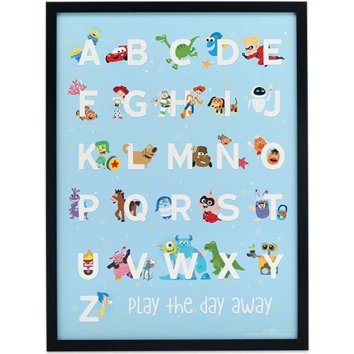 Open Road Brands Disney Pixar Alphabet Framed Wood Wall Decor - Large Pixar Movie Wall Art Featuring Toy Story, Cars, The Incredibles and More - Blue