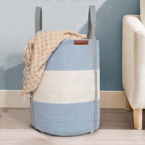 Folkulture Laundry Basket, 70L Blue Laundry Hamper, 100% Cotton Foldable Tall Woven Rope Basket with Sturdy Handles, Baby, Kids for Storage