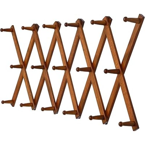Dseap Accordian Wall Hanger: 16” High Wooden Wall Expandable Coat Rack, Hat Rack Holder, Accordion Hook for Baseball Caps, Coats, Mugs, 17 Peg Hooks, Brown