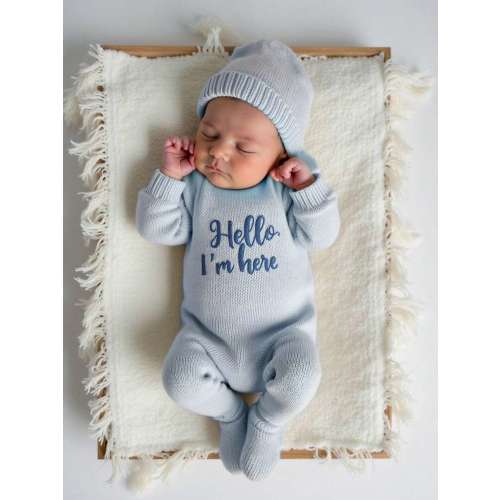 SHEIN 2Pcs Set Hello I'm Here Funny Graphic Embroidery Newborn Photography Outfits Knitting Aqua Blue Romper Jumpsuit Hat Infant Photo Shoot Autumn Props | SHEIN USA