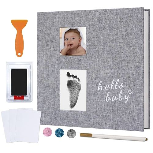 Vienrose Baby Photo Album Self Adhesive Memory Book 4x6 Magnetic Scrapbook Kit with Clean-Touch Ink Pad Handprint Footprint and A Metallic Pen for Boy/Girl 2 Windows 40 Pages Grey