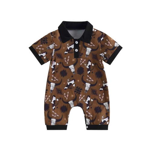 Hirigin Western Baby Boy Summer Clothes 0 3 6 12 18 Months Cow Print Short Sleeve Polo Romper Bodysuit One Piece Jumpsuit Outfits