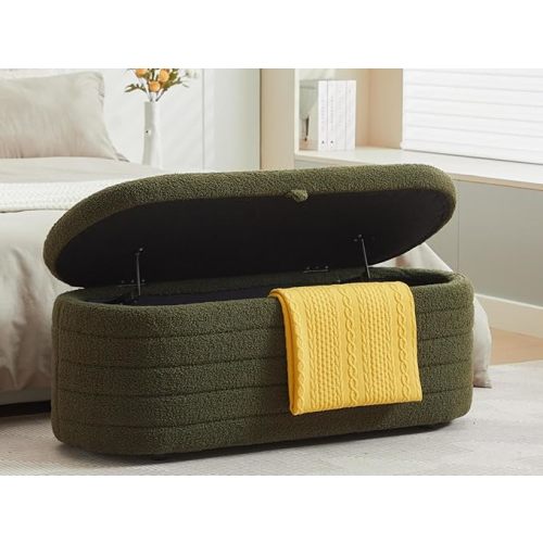 Storage Ottoman Bench End of Bed for Bedroom,45 inch Boucle Upholstered Entryway Shoe Seat Bench w/ Storage,Sherpa Modern Cute Padded Blanket Chest Stool Foot Rest for Living Room,Window Seating,Green